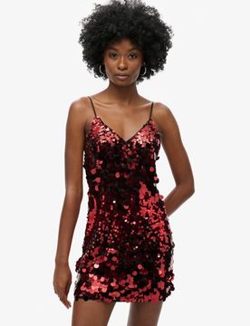 Superdry Damen Disco-minikleid mit Pailletten Rot - Größe: 44