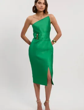Women's Satin Twill Trim Detail Structured Asymmetric Neck Tailored Midi Dress in Green Size: 14 - Green - Size: 14 - Karen millen - FashionsVida