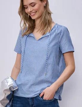 Kurzarm Bluse mit Split Neck und Streifen female Blau