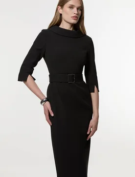 Womens Tailored Structured Crepe Roll Neck Pencil Midi Dress - Black Viscose - Size 16 Uk - Karen millen - FashionsVida