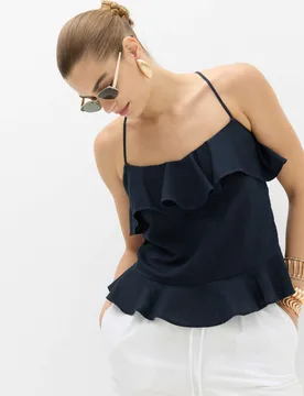 Linen Cotton Blend Ruffle Cami Top Navy female - M&S - FashionsVida