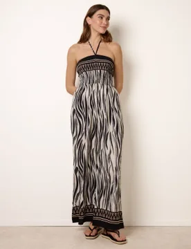 Zebra Print Halter Neck Shirred Waist Jumpsuit - S/M / BLACK - female - Blue Vanilla - FashionsVida