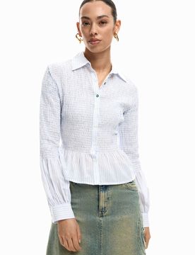 Camisa fruncida rayas, Mujer, Blanco, S