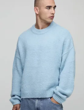 Herren Boxy Fit Gestrickter Pullover mit gebürstetem Stoff und verlängertem Kragen Light Blue Größe Medium - boohooMAN - FashionsVida