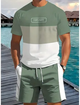 Conjunto de camiseta y pantalones cortos de verano para hombres con estampado 3D tricolor, transpirable y de moda, adecuado para actividades casuales - Shein - FashionsVida