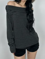 Women's Clothing Striped Long-sleeved T-shirt Off-shoulder Top One Line Neck Loose Fashionable Casual Temperament Simple Style