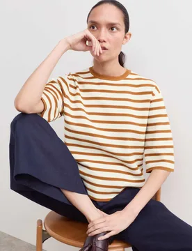 Cotton Blend Striped Relaxed Knitted Top Ivory Mix female - Jaeger - FashionsVida