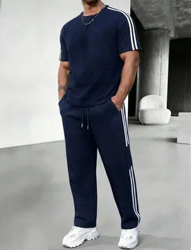 Conjunto deportivo versátil para hombre de verano a rayas, holgado, manga corta, pantalones de pierna recta, para fitness, desplazamientos, calle y e - Shein - FashionsVida