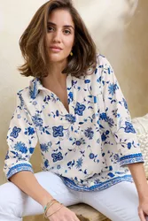 Printed Cotton Top - Mid Blue - Size: 14