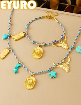 DIEYURO 316L Stainless Steel Golden Hat Shoes Cow Head Turquoise Necklace Bracelet Set Women New Waterproof Jewelry Gift Set - Aliexpress - FashionsVida