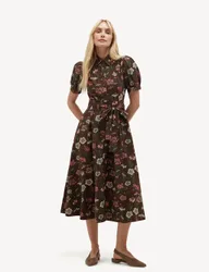Pure Cotton Floral Midi Shirt Dress Brown Mix female