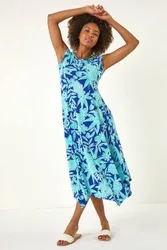 Floral Puff Print Stretch Maxi Dress - Royal - Size: 12
