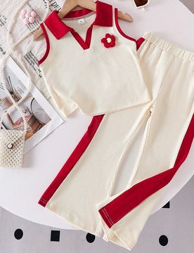 Conjunto de 2 piezas para niñas de verano: chaleco polo de punto con bloques de color y flores 3D, y pantalones acampanados de punto con bloques de c
