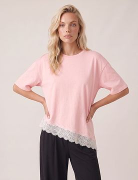 Blusa in cotone con finitura in pizzo e orlo asimmetrico - rosa pastello