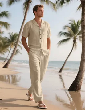 The 2025 Summer Beach Men's linen short-sleeved shirt set is a two-piece long pants set suitable fordaily casual beach vacations - Aliexpress - FashionsVida