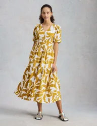 Pure Cotton Floral V-Neck Midi Tiered Dress Yellow Mix female