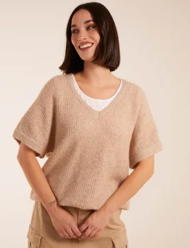 V-Neck Knitted Top - S/M / BEIGE - female - Blue Vanilla - FashionsVida
