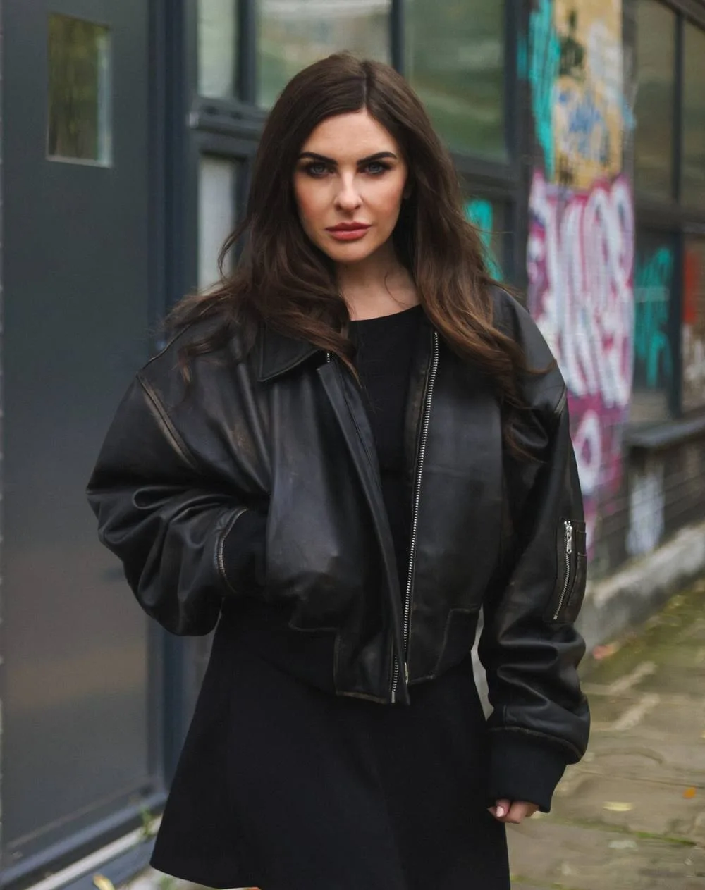 Oversized Leather MA-1 Bomber Jacket - Warrington - True Black - Size: 16 - Infinity Leather - FashionsVida