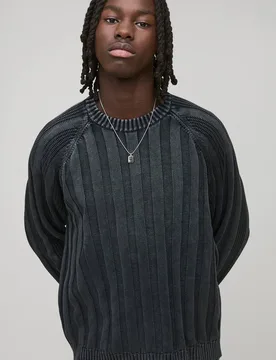 Men's Oversized Boxy Ribbed Acid Wash Knitted Jumper Charcoal Size Medium Charcoal M - boohooMAN - FashionsVida