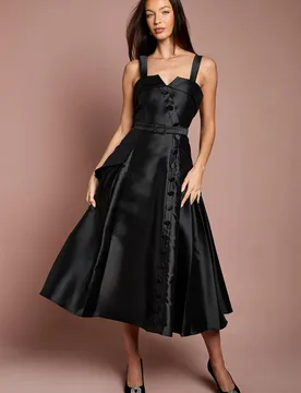 Women's Lisa Tan Twill Volume Belted Midi Dress in Black Size: 12 - Black - Size: 12 - Coast - FashionsVida