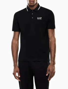 Polo nera in cotone stretch con logo stampato e bordini a contrasto - EA7 - FashionsVida
