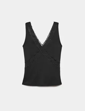 Jersey V-Neck Lace Insert Cami Top Black female - Per Una - FashionsVida