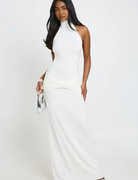 Womens High Neck Scarf Wrap Waist Maxi Column Dress - White - Size 16 Uk - Boohoo - FashionsVida