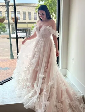 Elegant A-Line Sheer 3D Floral Princess Wedding Dress Sexy Off Shoulder Floor Women's Ball Bridal Dress Robe De MariéeCustomized - Aliexpress - FashionsVida