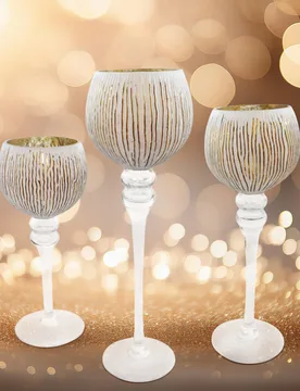 Teelichthalter Glas-Kelch weiß-golden 3er-Set - Wurm - FashionsVida