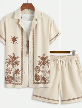 Conjunto de 2 piezas de top de manga corta con estampado gráfico y shorts de corte holgado para hombre, estilo casual de vacaciones y ocio, diseño v - Shein - FashionsVida