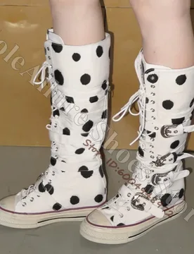 White Black Polka Dot Knee High Canvas Boots Women Lace Up Metal Eyelet Multi Buckle Strap Side Zipper Hidden Wedge Heel Boots - Aliexpress - FashionsVida