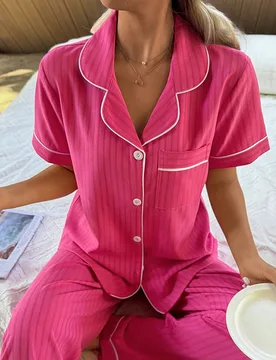 Conjunto de pijama de mujer con cárdigan de cuello de contraste - Shein - FashionsVida