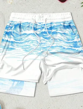 Shorts de playa con estampado de olas y veleros de doble capa para hombres, adecuados para el estilo casual de vacaciones de verano - Shein - FashionsVida