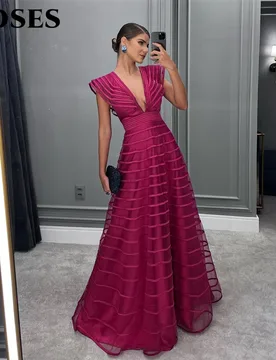 ROSES A Line Fuchsia Formal Dresses Pleat Sleeveless Prom Gown for Woman Deep V Neck Wedding Party Dress robe de bal Customized - Aliexpress - FashionsVida