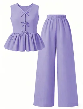 Conjunto casual diario para niña preadolescente de camiseta de cuello en V con decoración de lazo y pantalones largos plisados de unicolor - Shein - FashionsVida
