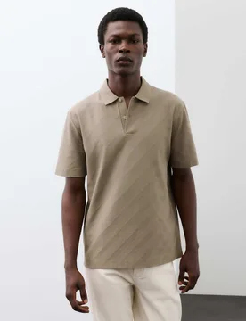 Pure Cotton Textured Jacquard Button Polo Shirt Sable male - Autograph - FashionsVida