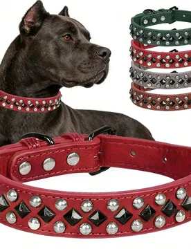 Collar para perro con tachuelas para perros grandes, collar de mascota de cuero sintético resistente con púas y remaches, collar ajustable anti-mord - Shein - FashionsVida