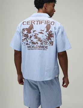 Men's Certified Worldwide Poplin Stripe Oversized Shirt & Short Set Blue Size X-Small Blue XS - boohooMAN - FashionsVida