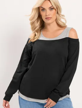 Women's 2 In 1 Bardot Ribbed Trim Top in Black Size: 20 - Black - Size: 20 - Yours - FashionsVida