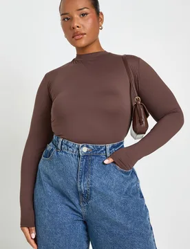 Womens Plus Second Skin Long Sleeve Top - Chocolate - Size 24 Uk - Boohoo - FashionsVida