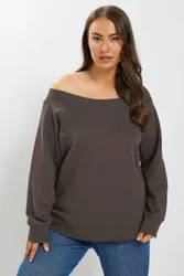 Women's Off Shoulder Ribbed Sweatshirt in Chocolate Size: 30-32 - Chocolate - Size: 30-32