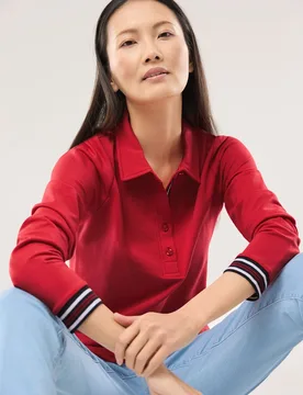 Poloshirt Kontrastdetail, normale Größen, Farbe Rot, 48, weicher Baumwoll-/Modalmix moderner Look Damen - Walbusch - FashionsVida