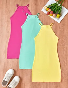Vestido casual de niña preadolescente de unicolor con cuello halter, para verano - Shein - FashionsVida