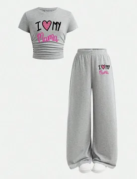 Conjunto de top de manga corta con estampado de letras y pantalones holgados para niña joven - Shein - FashionsVida