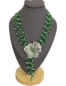 Rows Natural Cultured White Pearl Green Jades Flower CZ Connector Necklace - Aliexpress - FashionsVida
