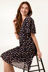 Women's Elasticated Waist Navy Three Quarter Sleeve Slip On V-neck Mini Dress Size: Small - Navy - Size: S
