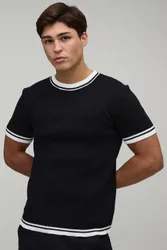 Herren Muskelbetontes Gestricktes T-Shirt Aus Baumwollmischung Mit Kontraststreifen Black Größe Small