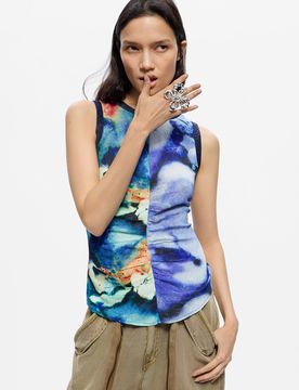 Top sin mangas estampado, Mujer, Azul, XS
