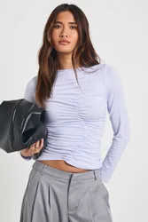 Womens Asymmetric Ruched Detail Long Sleeve Top - Pale Blue - Size 14 Uk