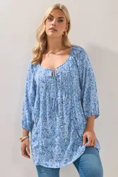 Paisley Sequin Tie Neck Top - Blue - Size: 18